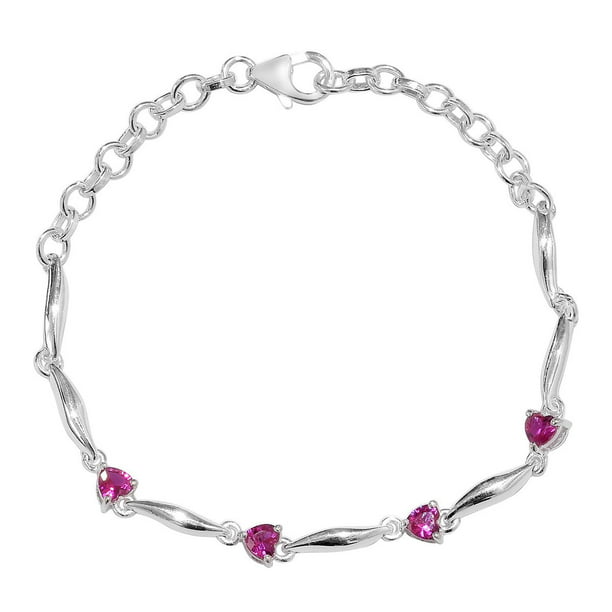 Solid .925 Sterling Silver Rhodium-plated & Ruby Heart Bracelet 7.25 inches 